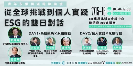 event-banner-青年永續職涯零碳論壇：從全球挑戰到個人實踐，ESG的雙日對話													  