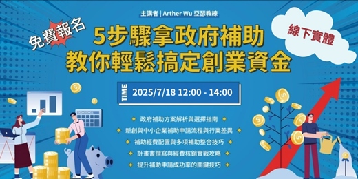 event-banner-【免費報名】用政府的錢創業！青創基地評審委員教你5步驟掌握補助申請秘訣，SBIR、SITI 、智慧減碳、品牌補助等成功過件技巧分享，助你輕鬆創業！